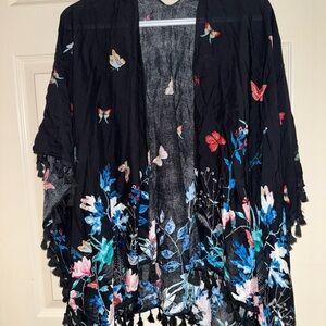 Black Floral Kimono with Tassels